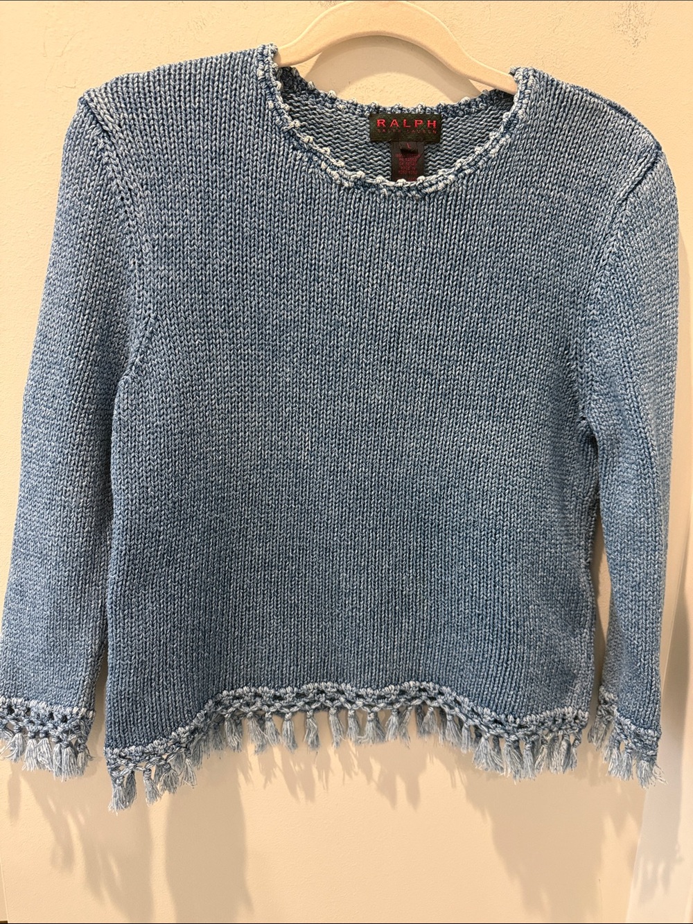 Ralph Lauren Denim Blue Crochet Fringe-Trim Crewneck Sweater Vintage size Large